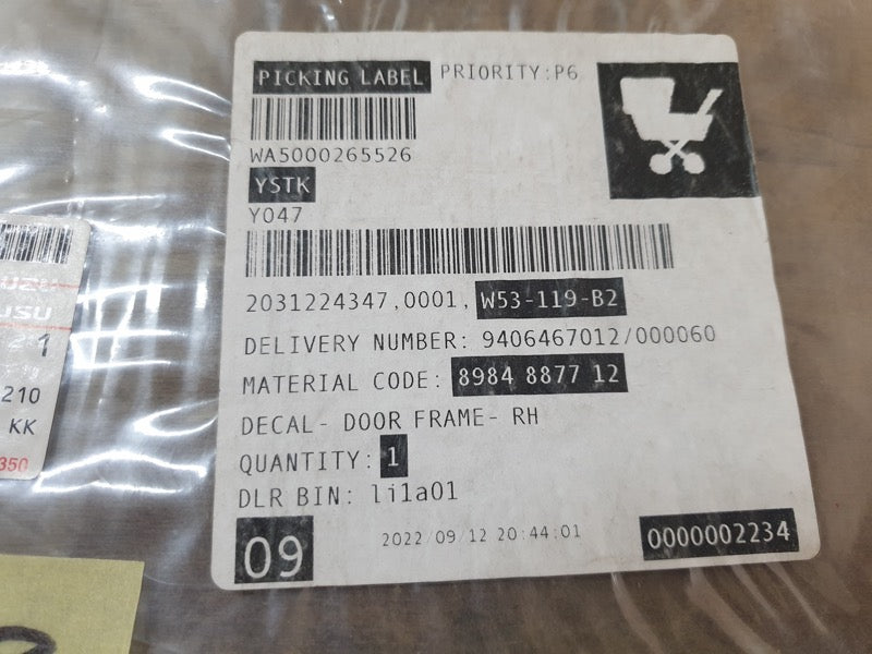 Original New Isuzu MU-X Right Front Door Blackout Foil