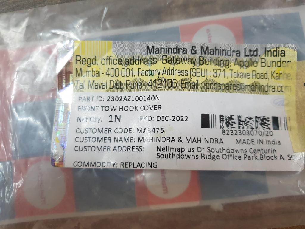 Original New Mahindra Scorpio-N Front Bumper Tow Hook Eye Cover
